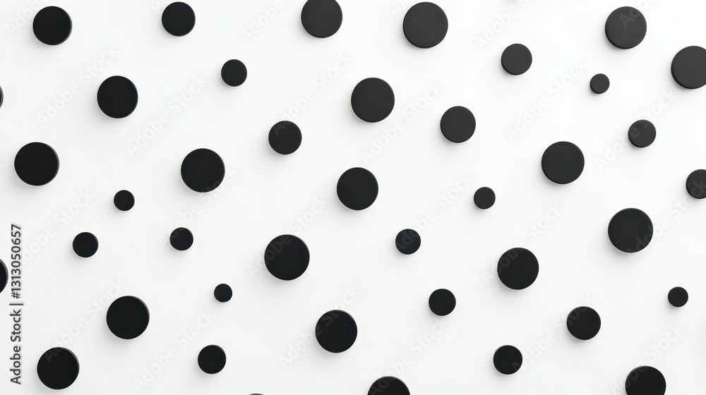 Poster abstract pattern of black circular shapes scattered on a white background, creating a modern and sty