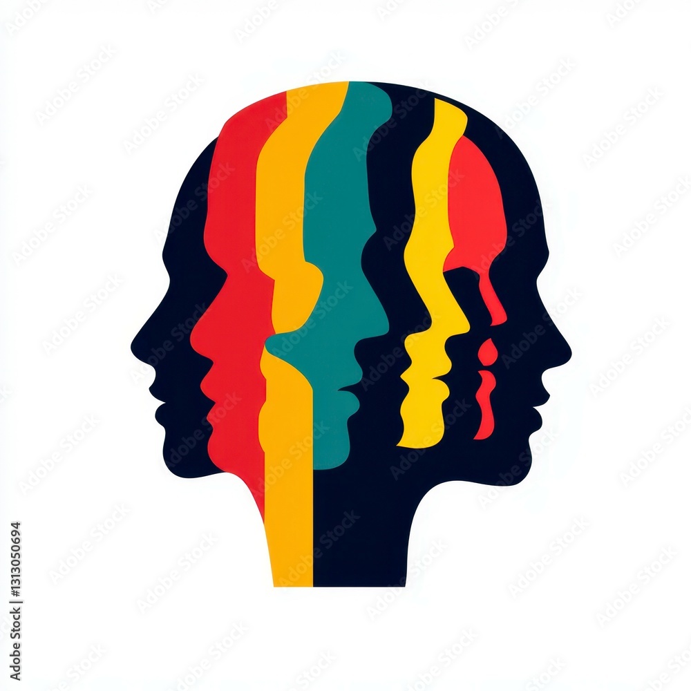 Poster an abstract representation of diverse human profiles showcasing various colors and interlocking shap