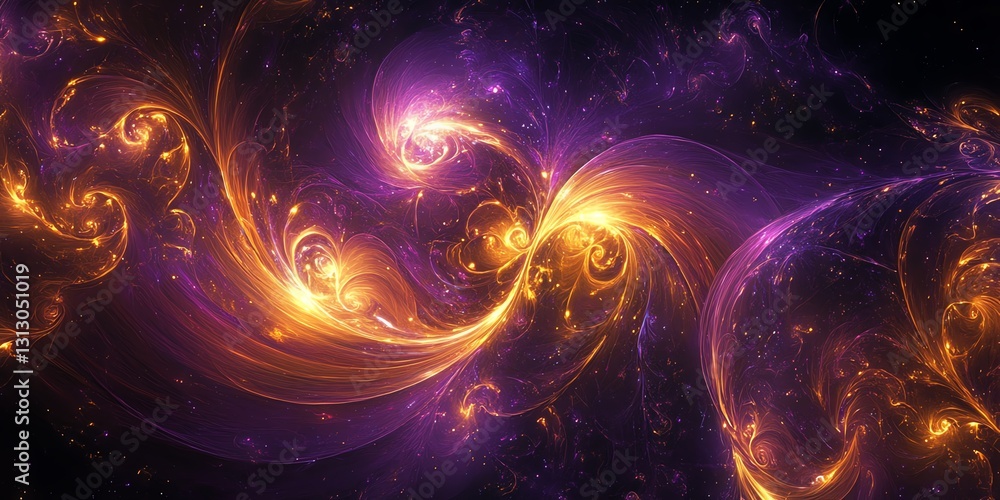 Poster swirling cosmic patterns in purple and gold colors create a mesmerizing abstract design