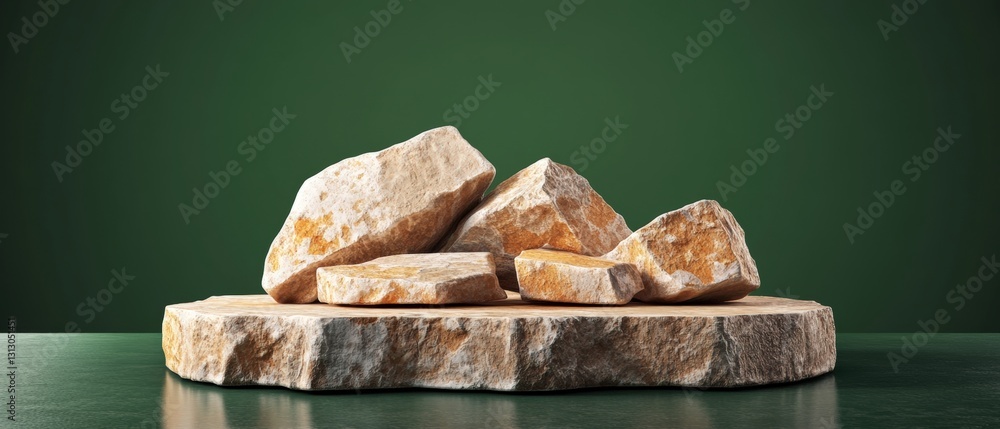 Poster natural stone display featuring a pile of rocks on a table ideal for creative product mockups in an 
