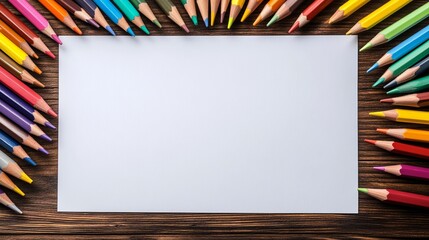 Top view of blank white sheet of paper surrounded by colored pencils on a child's desk, perfect background for coloring, kids' art projects, creative drawing activities, and school or educational them