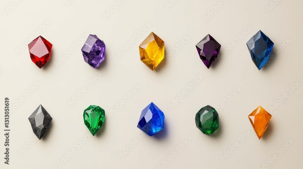 Poster a vibrant array of multicolored gemstones displayed artistically, showcasing their unique shapes and