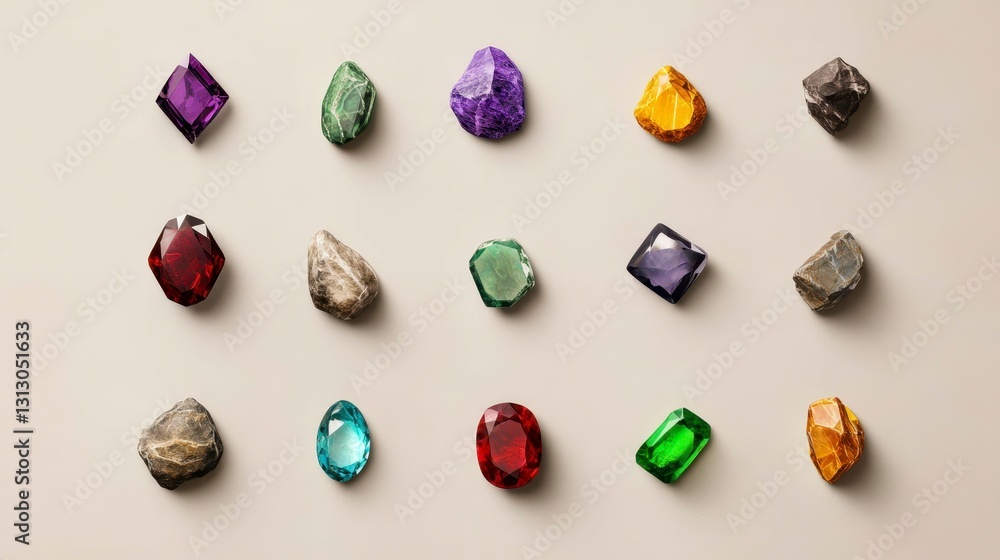 Poster A stunning array of multicolored gemstones artfully arranged on a neutral background showcasing their natural brilliance and unique shapes.