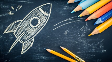 Back to school concept with creative rocket drawing on chalkboard and school supplies on desk, featuring colorful pencils, notebooks, and educational elements for learning, innovation, and academic in