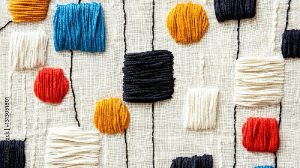 Poster Colorful threads arranged in a stylish pattern on a textured fabric background, perfect for art and design projects.