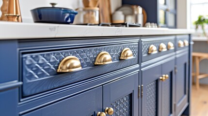 A modern kitchen featuring stylish navy cabinetry and elegant brass handles.