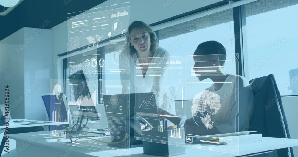 Poster collaborating on digital data analytics, business professionals in modern office setting
