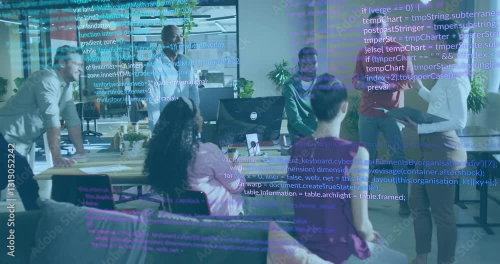 Poster diverse team collaborating in office with computer code overlay animation
