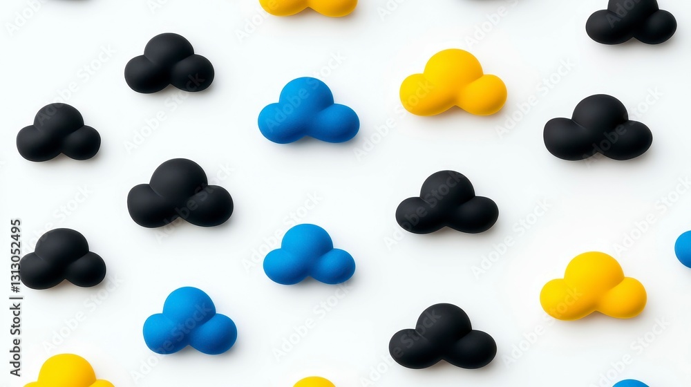 Poster colorful pattern of stylized clouds in varying hues arranged on a clean white background, creating a