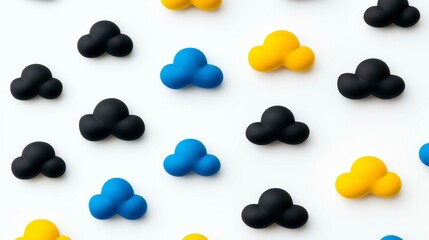 Colorful pattern of stylized clouds in varying hues arranged on a clean white background, creating a playful and modern aesthetic.