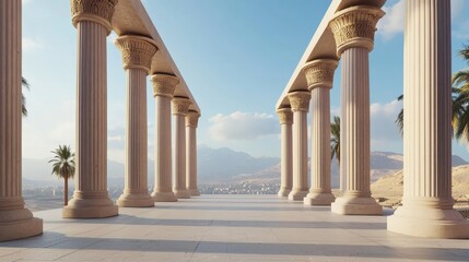 Fototapeta premium Row of columns with palm trees and a desert landscape. Concept of ancient architecture, travel, and history.