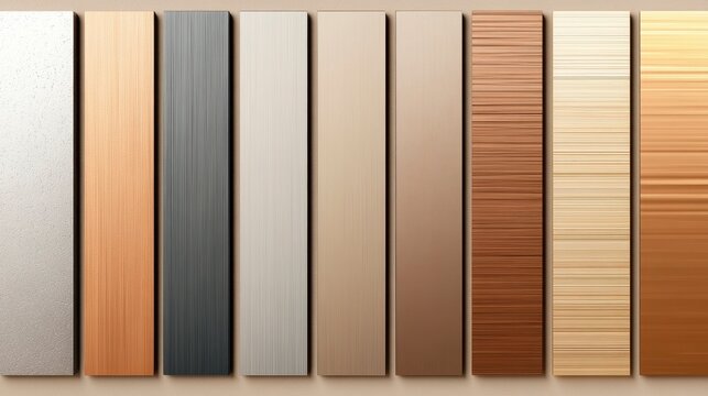A collection of metal and wood texture panels showcasing various finishes for design inspiration and interior decor.