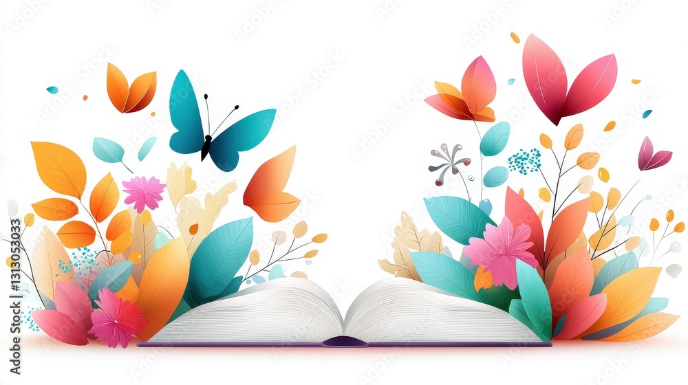 Poster a minimalist book border with cute illustrations, featuring soft gradient paper tones and textured d