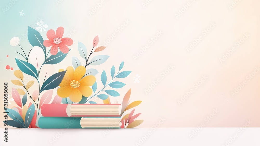 Poster a minimalist book border with cute illustrations, featuring soft gradient paper tones and textured d