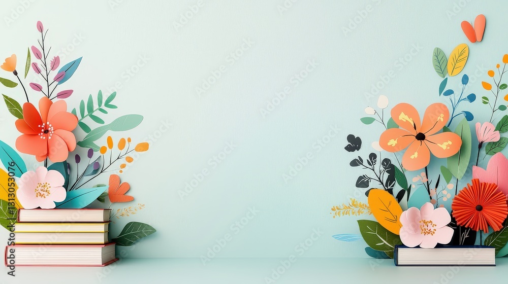 Poster a minimalist book border with cute illustrations, featuring soft gradient paper tones and textured d