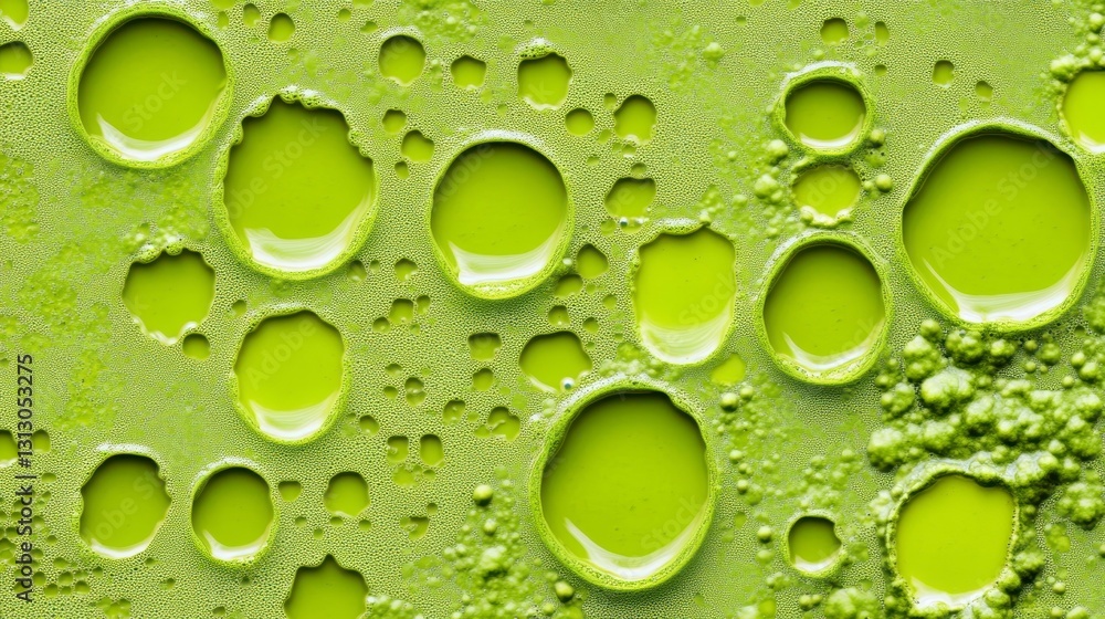 Poster abstract close-up of bright green liquid with bubbles showcasing a unique pattern of varying circula