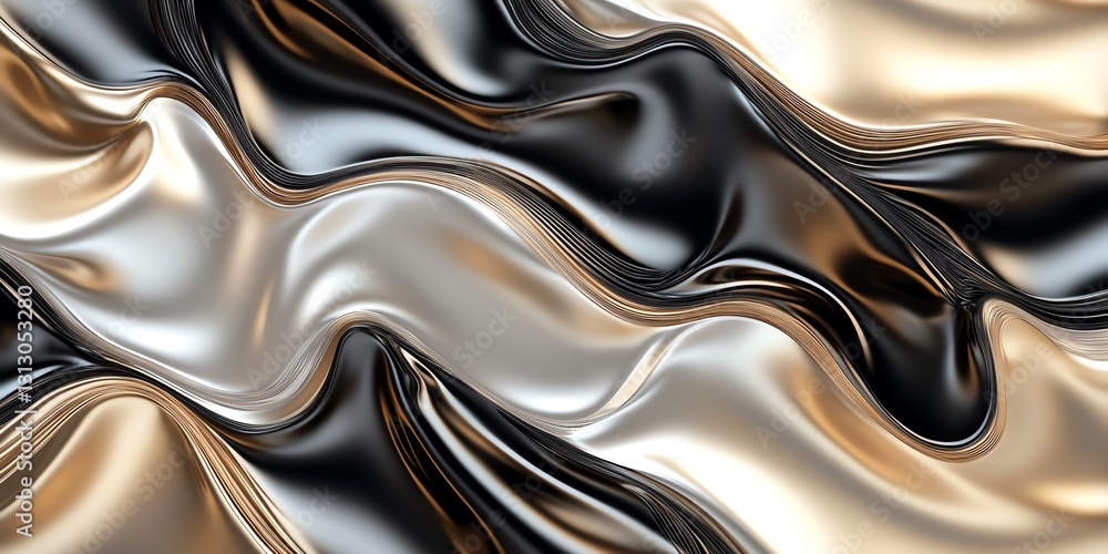 Poster textured waves of black, silver, and gold fabric form a dynamic visual pattern in this artistic repr