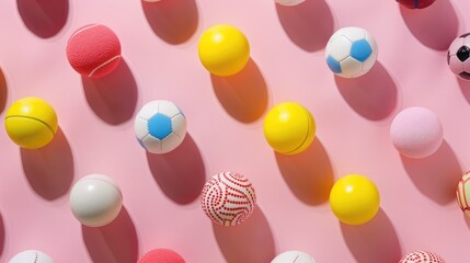 Colorful assortment of various sports balls arranged on a pink background, casting playful shadows