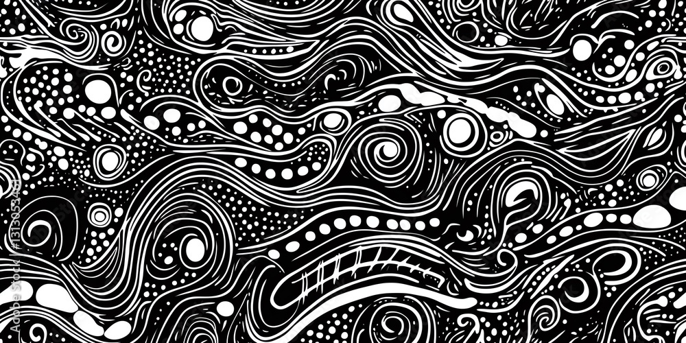 Poster abstract black and white swirling pattern with lines and shapes creating a dynamic flowing design