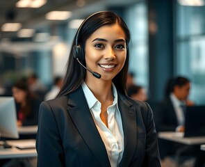 atención al cliente femenino amable en traje y auriculares.