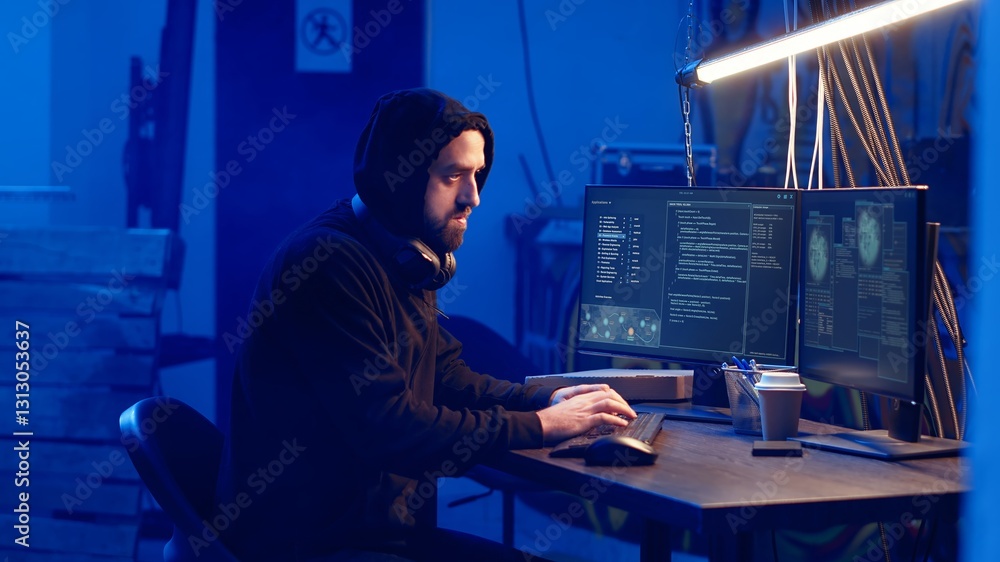 Poster hooded hacker creating pirating crack for software and video game releases in bunker. rogue programm