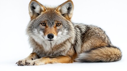 Fototapeta premium Coyote resting in the snow, winter wildlife portrait
