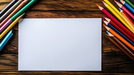 Top view of blank white sheet of paper surrounded by colored pencils on a child's desk, perfect background for coloring, kids' art projects, creative drawing activities, and school or educational them