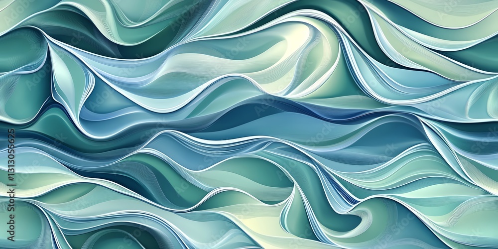 Poster fluid abstract design featuring flowing waves in shades of blue and green, creating a tranquil visua