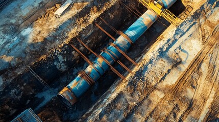 Aerial view showing the installation of a large pipe in the ground