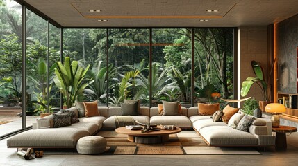 Fototapeta premium A modern living room with a cozy sectional sofa, surrounded by lush greenery and large windows.