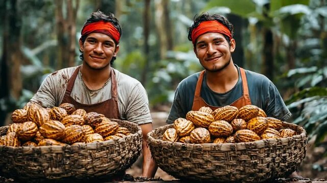 Cacao Farmers Holding Baskets of Pods in Rainforest