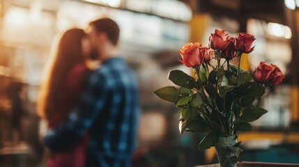 Naklejka premium Romantic Roses in Blurred Industrial Background