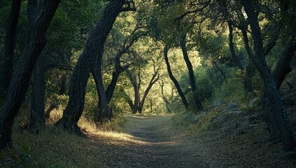 Naklejka premium Sun Dappled Forest Path Tranquil Green Woodland Scene with White Petals