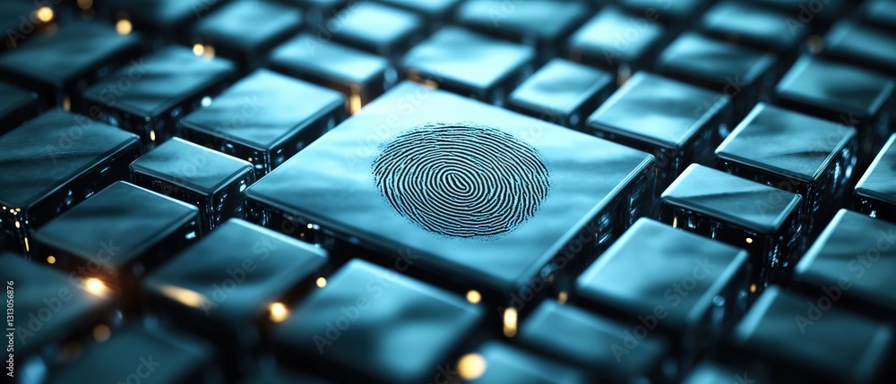 Poster a unique fingerprint imprinted on a computer keyboard highlighting the intersection of technology an