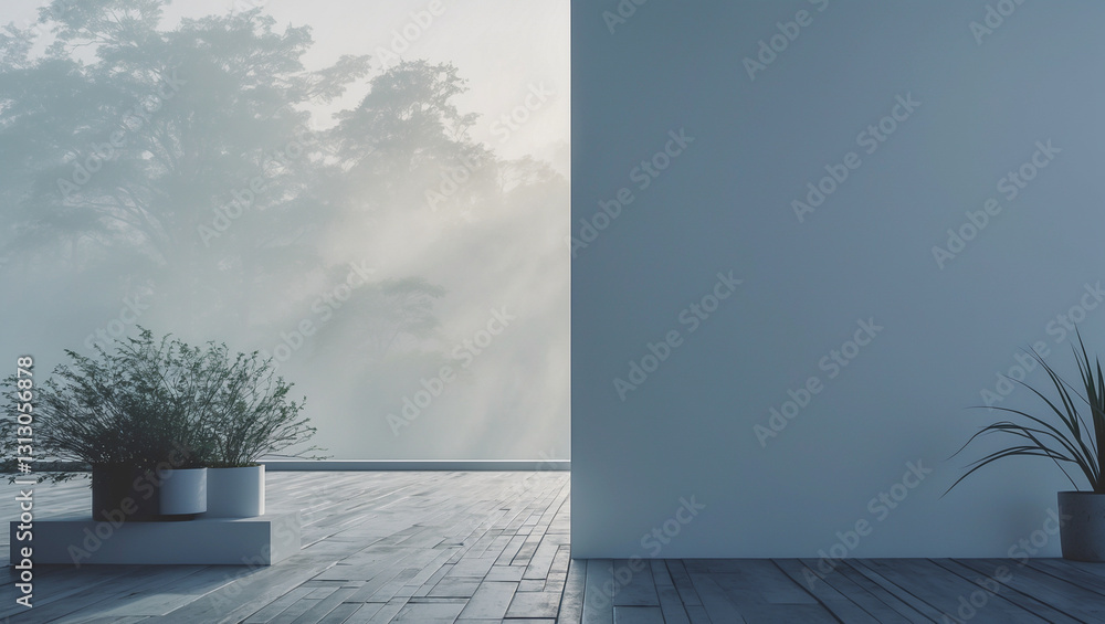 Poster minimalist room with large window and misty view