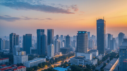 Naklejka premium Vibrant city skyline at sunset