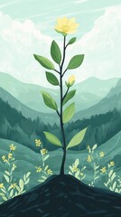 A Single Yellow Flower Blooming Above a Lush Green Landscape
