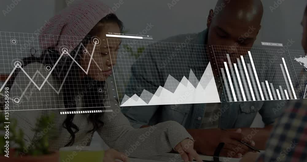 Poster graph and chart animation over two people collaborating at desk