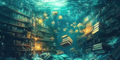 An underwater library with books floating in the ocean