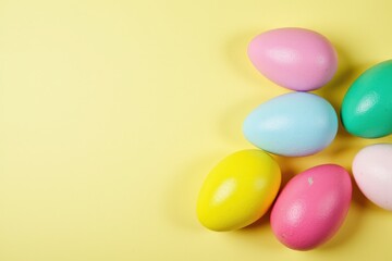 Obraz premium Colorful Easter Eggs on a Yellow Background: A Vibrant Arrangement of Plastic Eggs in Pastel Shades of Pink, Blue, Yellow, and Green Perfect for Spring Celebrations