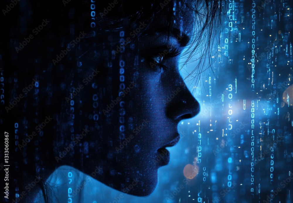 Poster profile silhouette of a woman in deep blue tones, with flowing binary code patterns representing tec