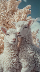 Obraz premium Two adorable white lambs fluffy wool gentle expressions standing serene pasture golden sunlight peaceful countryside setting cinematic photography heartwarming nature scene cute moment love bond