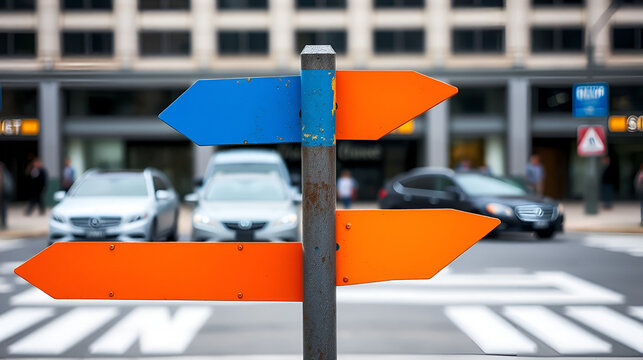 Two arrow signs pointing in opposite directions, blue and orange, standing out against a blurred grey city street background, conveying conflict and differing opinions.