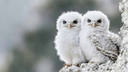 Fototapeta premium Two adorable white owlets fluffy feathers gentle expressions perched mossy rock soft sunlight peaceful natural setting high resolution cinematic photography heartwarming nature scene cute moment love