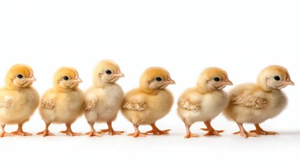 Fototapeta premium A row of baby chicks standing in a line