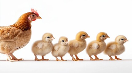 Naklejka premium A mother chicken and her five chicks are standing in a row