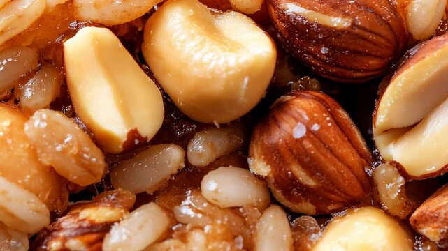 Closeup of nut and grain bar with almonds, peanuts, and oats showcasing texture and crunch
