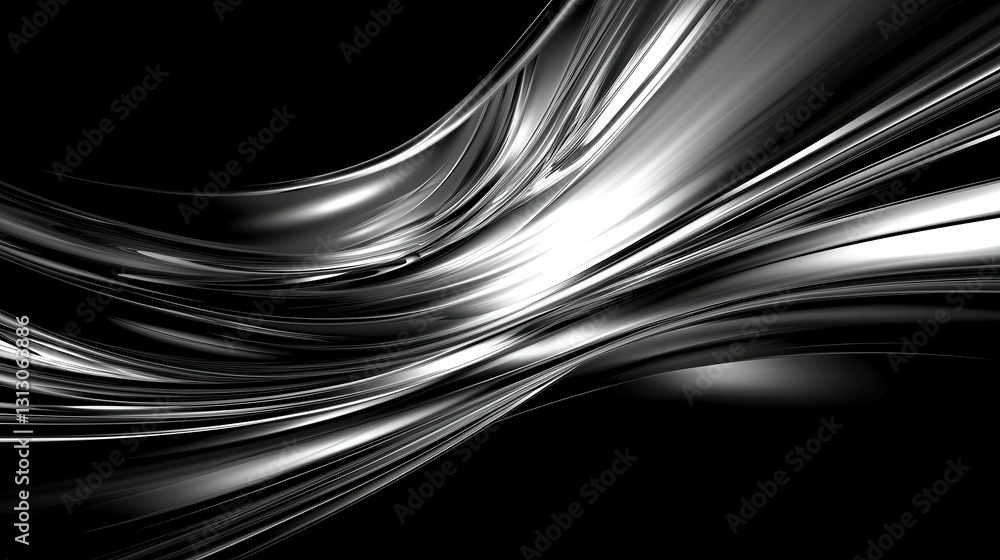 Poster abstract silver and black wave design with smooth flowing lines and dynamic shiny texture