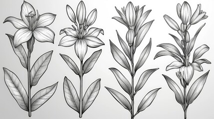 A monochrome illustration of various flowers, showcasing their detailed structures and forms.