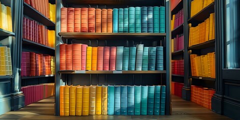 Fototapeta premium Colorful vintage books arranged on wooden library shelves, featuring vibrant spines in coral, turquoise, and yellow tones creating aesthetic composition for reading atmosphere.